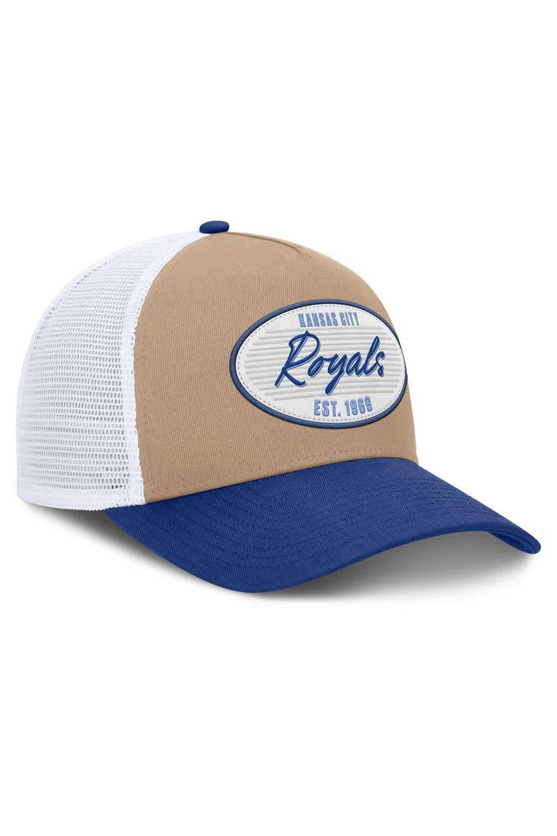 Men's Nike  Khaki/Royal Kansas City Royals Rise A-Frame Trucker Adjustable Hat, Alternate, color, Khaki