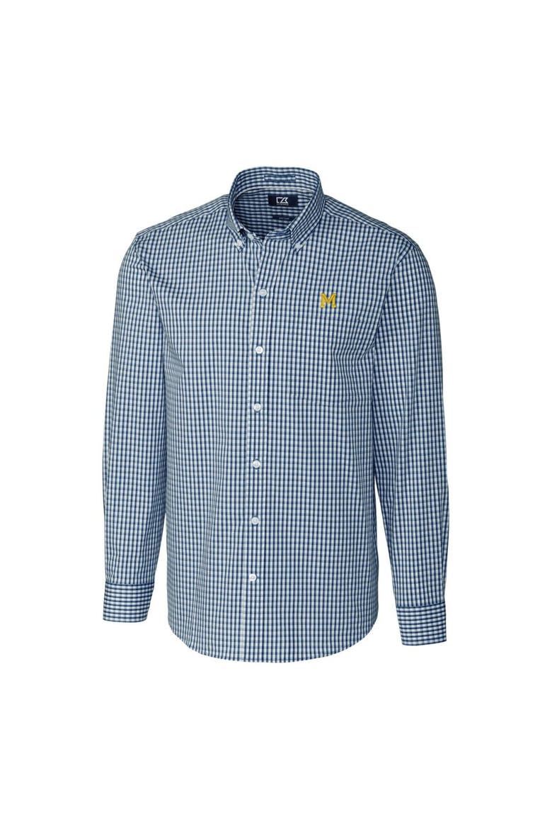Men's Cutter & Buck Navy Michigan Wolverines Easy Care Stretch Gingham Long Sleeve Button-Down Shirt, Alternate, color, Navy