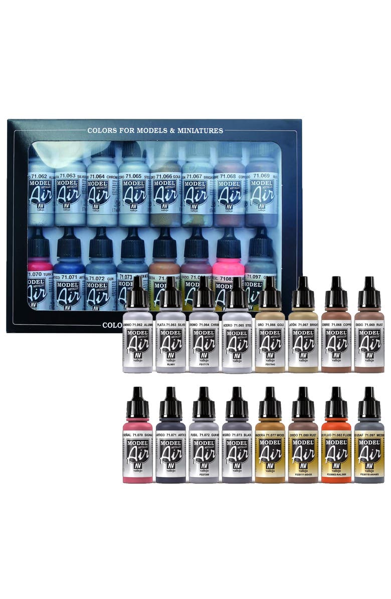 Vallejo Model Air Metallic Set 16 Colors, 18Ml Bottles, Alternate, color, Multicolored