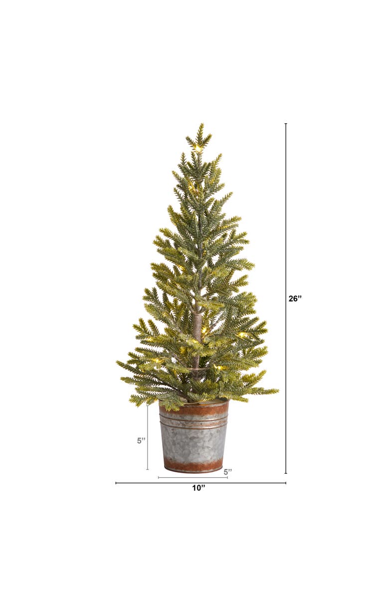 NEARLY NATURAL 26-in Pine Natural Look Artificial Christmas Tree with 35 Warm White Lights in Rustic Metal Planter, Alternate, color, Green