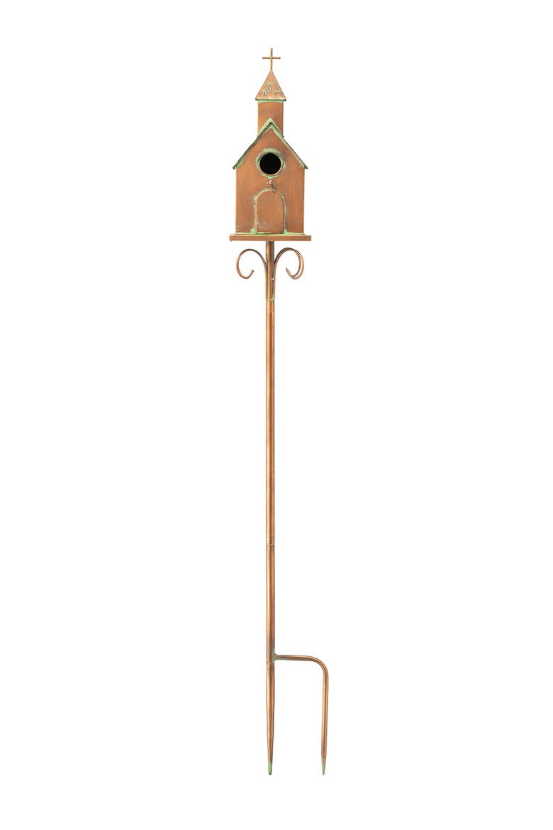 Farmhouse Faux Copper 2-Tiered Metal Decorative Garden Birdhouse with Stake, Alternate, color, Gold