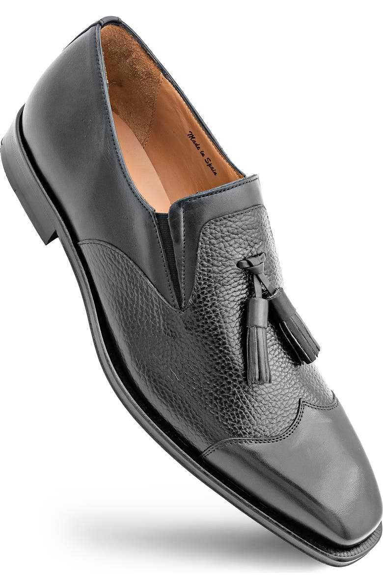 Mezlan Tassel Ornament Leather Loafer, Alternate, color, Black