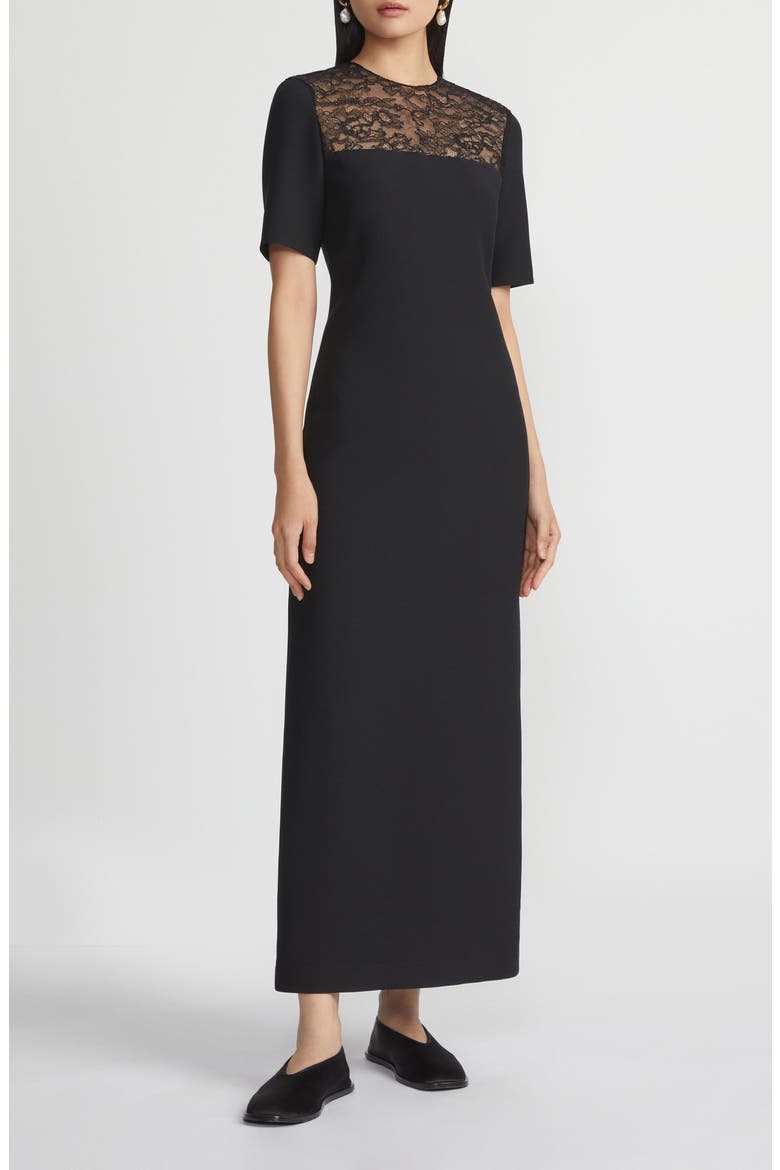 Lace Yoke Wool & Silk Crepe Sheath Dress, Main, color, BLACK