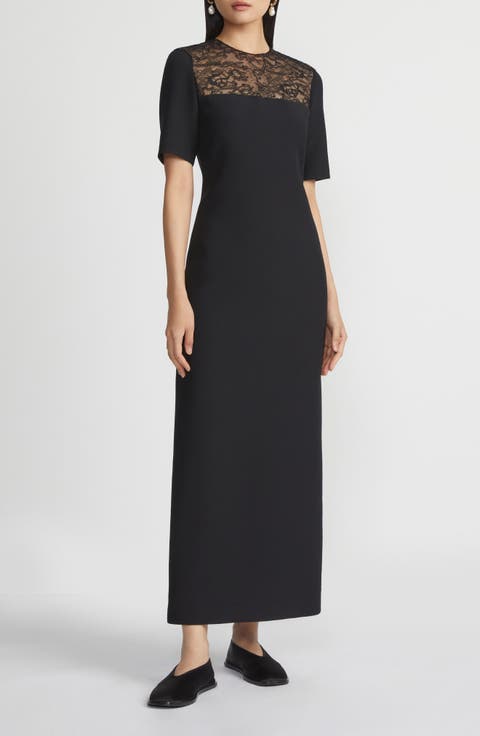 Lace Yoke Wool & Silk Crepe Sheath Dress