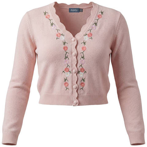 Floral Embroidered Scalloped V-Neck Knit Cardigan