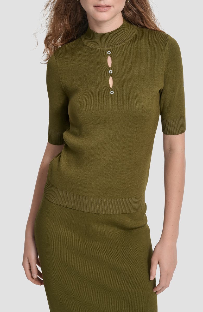 DKNY Cutout Grommet Mock Neck Sweater, Main, color, Dark Olive