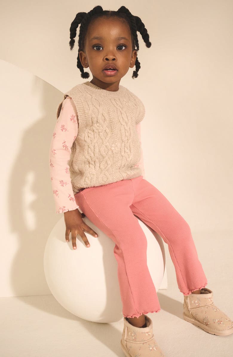 NEXT Kids' Floral Long Sleeve T-Shirt, Sweater Vest & Rib Leggings Set, Alternate, color, Pink
