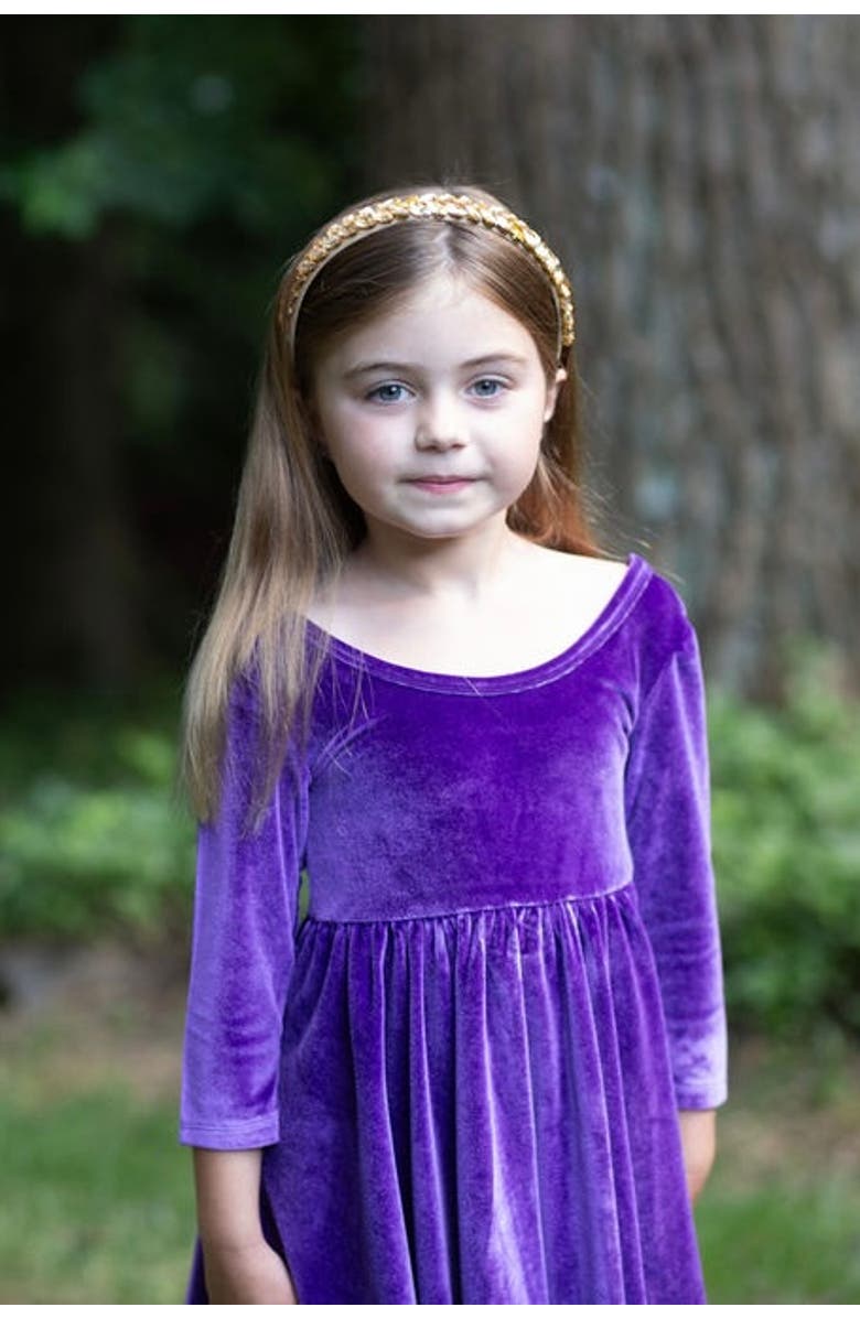 WORTHY THREADS Girls Stretch Velvet Twirly Dress, Alternate, color, Dark Purple