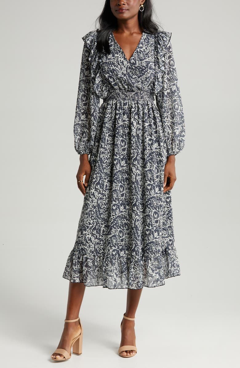 Sam Edelman Wallpaper Paisley Smocked Waist Long Sleeve Dress, Alternate, color, Mineral Multi