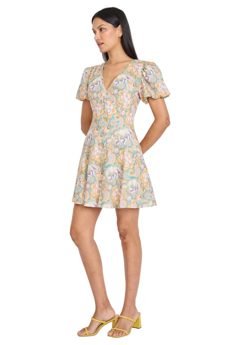 Donna Morgan Floral Puff Sleeve A-Line Minidress, Alternate, color, Aqua/ Gold