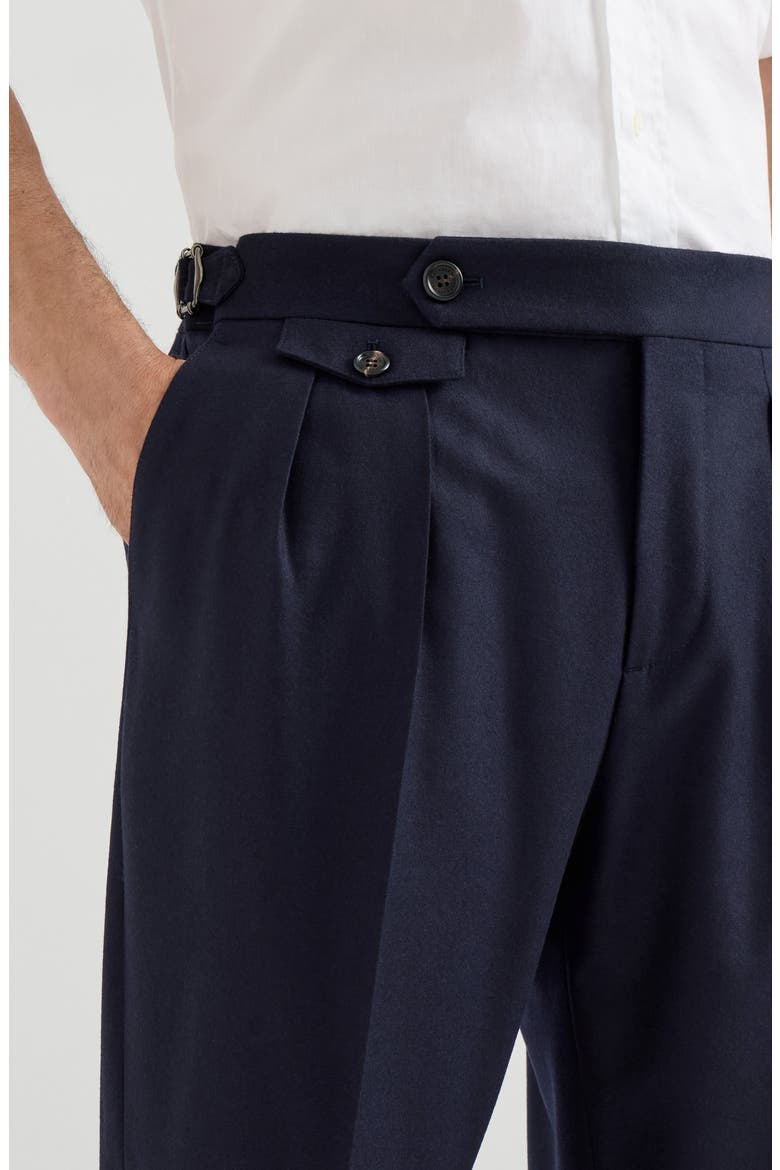Virgin wool flannel trousers in twisted cotton gabardine with double pleats and waist tabs, Alternate, color, Blue