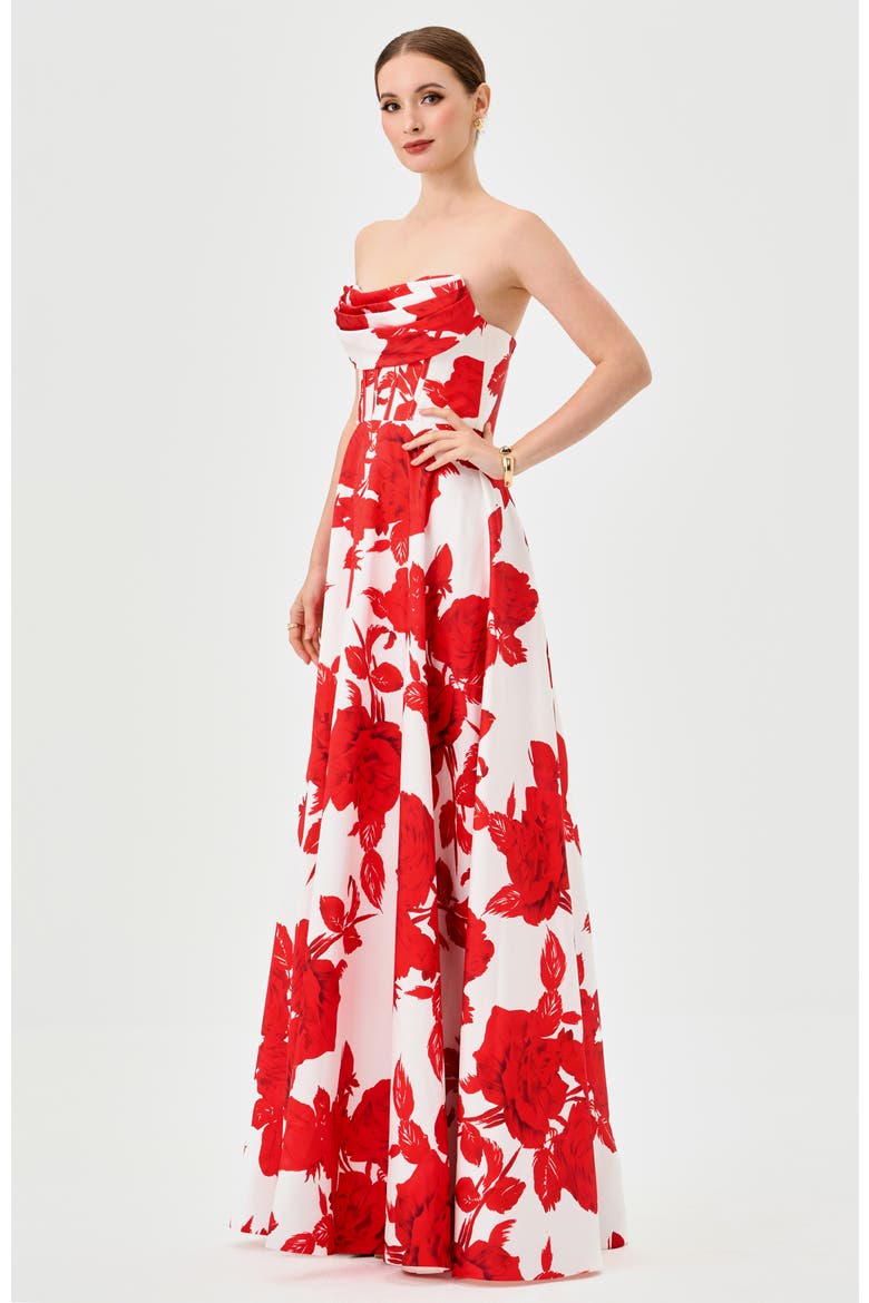 Virginia Corset Strapless Gown, Alternate, color, RED PRINT