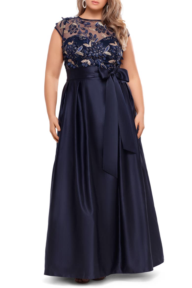 Xscape Metallic Floral Embroidery Cap Sleeve Ballgown, Main, color, NAVY/ GOLD