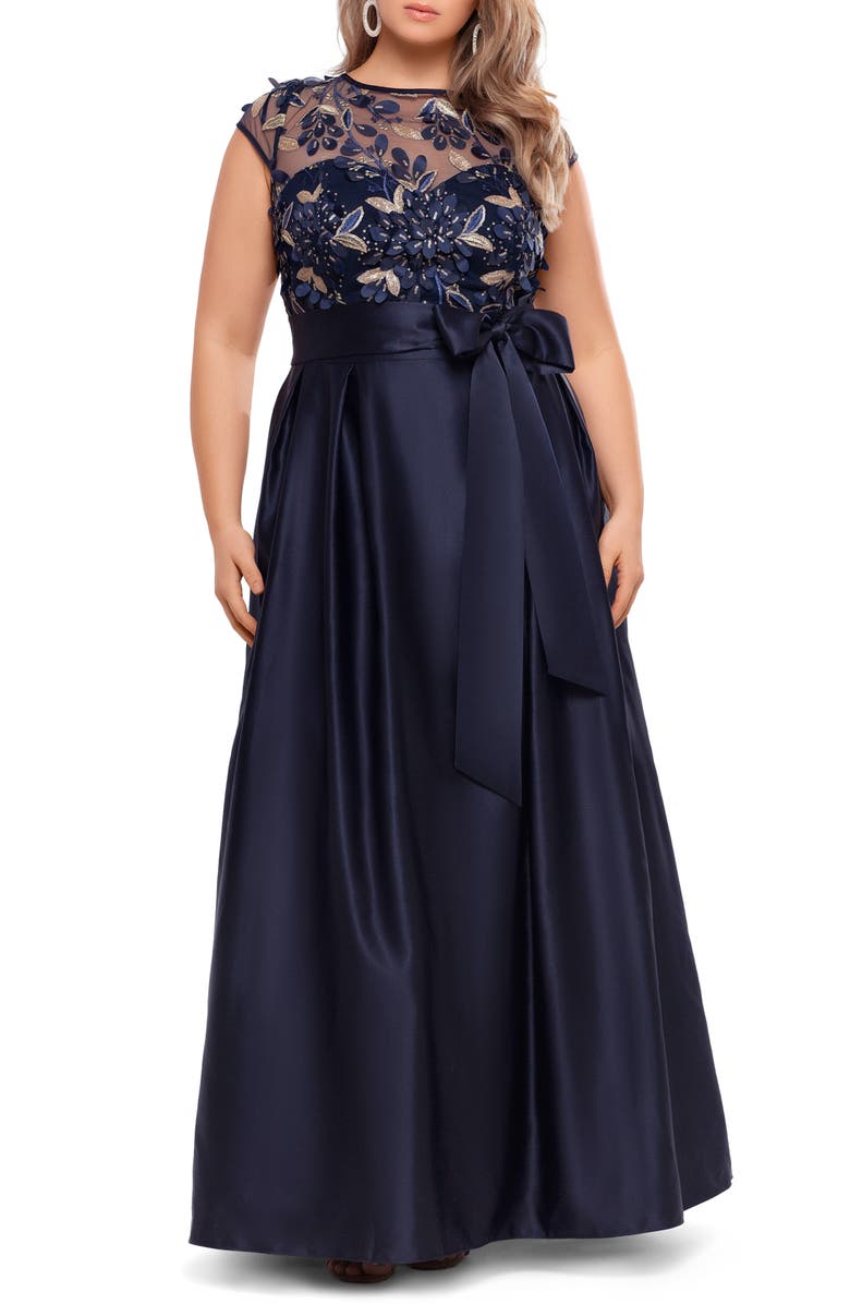 Xscape Evenings Xscape Metallic Floral Embroidery Cap Sleeve Ballgown, Main, color, 