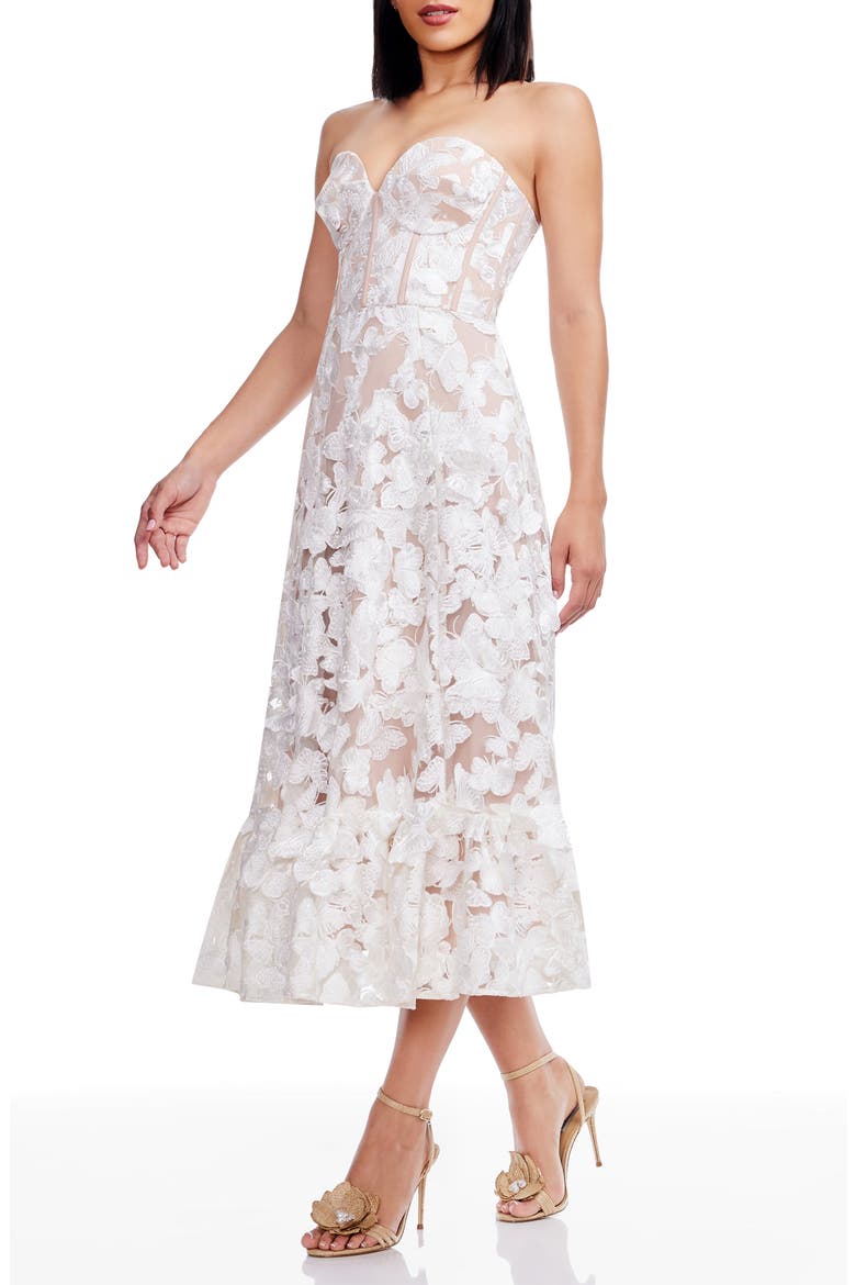 Carina Butterfly Appliqué Strapless Cocktail Midi Dress, Alternate, color, WHITE-BEIGE
