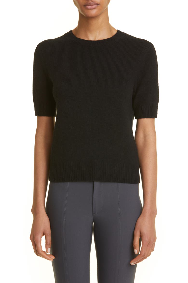 Short Sleeve Wool & Cashmere Sweater, Main, color, BLACK