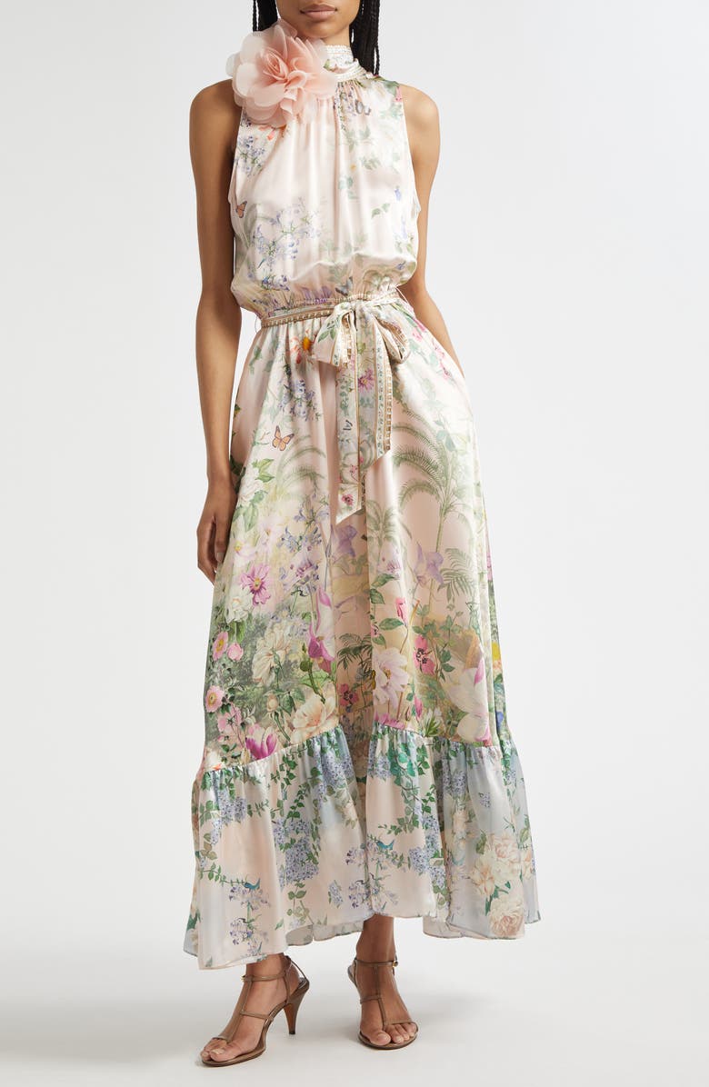 Camilla Floral Appliqué Tiered Silk Charmeuse Maxi Dress, Main, color, 