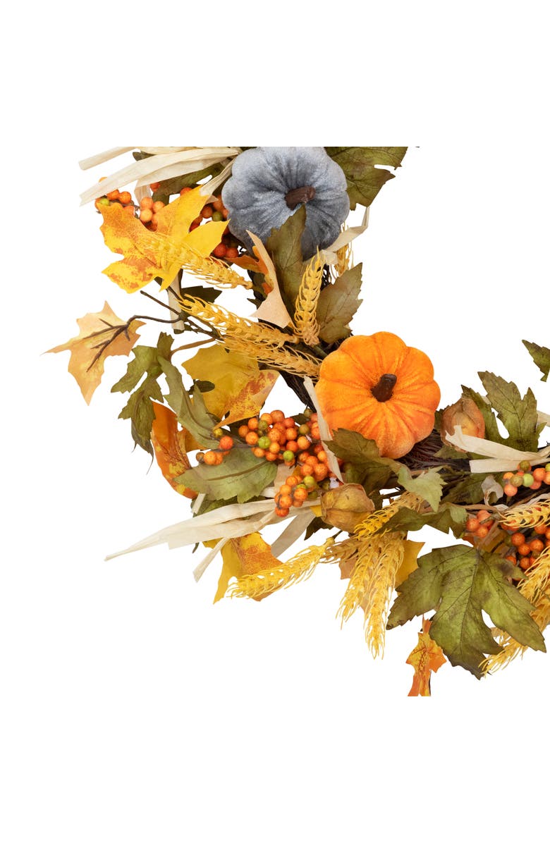 Northlight Velvet Pumpkins and Wheat Artificial Fall Harvest Wreath - 24", Alternate, color, Orange