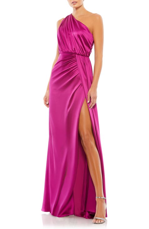 Gathered One Shoulder Satin Faux Wrap Gown
