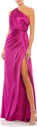 Gathered One Shoulder Satin Faux Wrap Gown