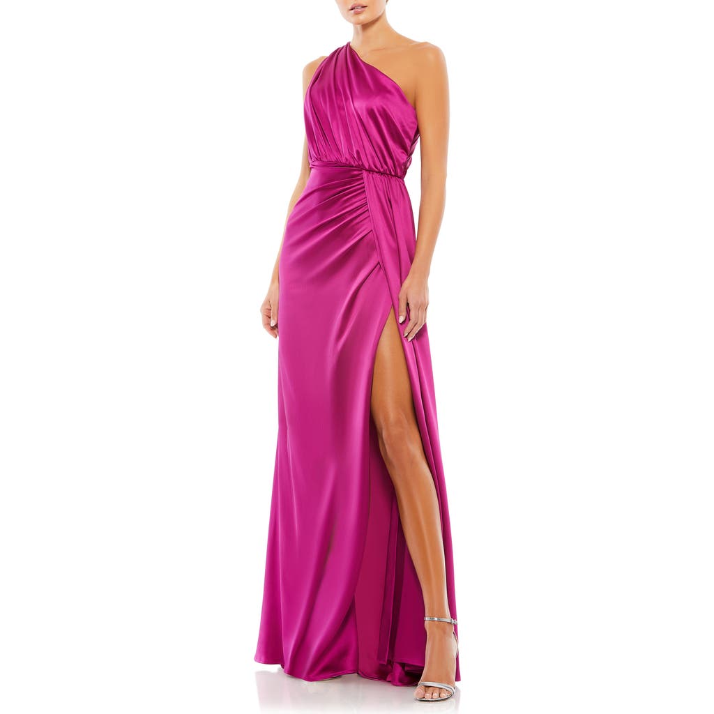 Mac Duggal One-shoulder Draped Satin Gown In Berry