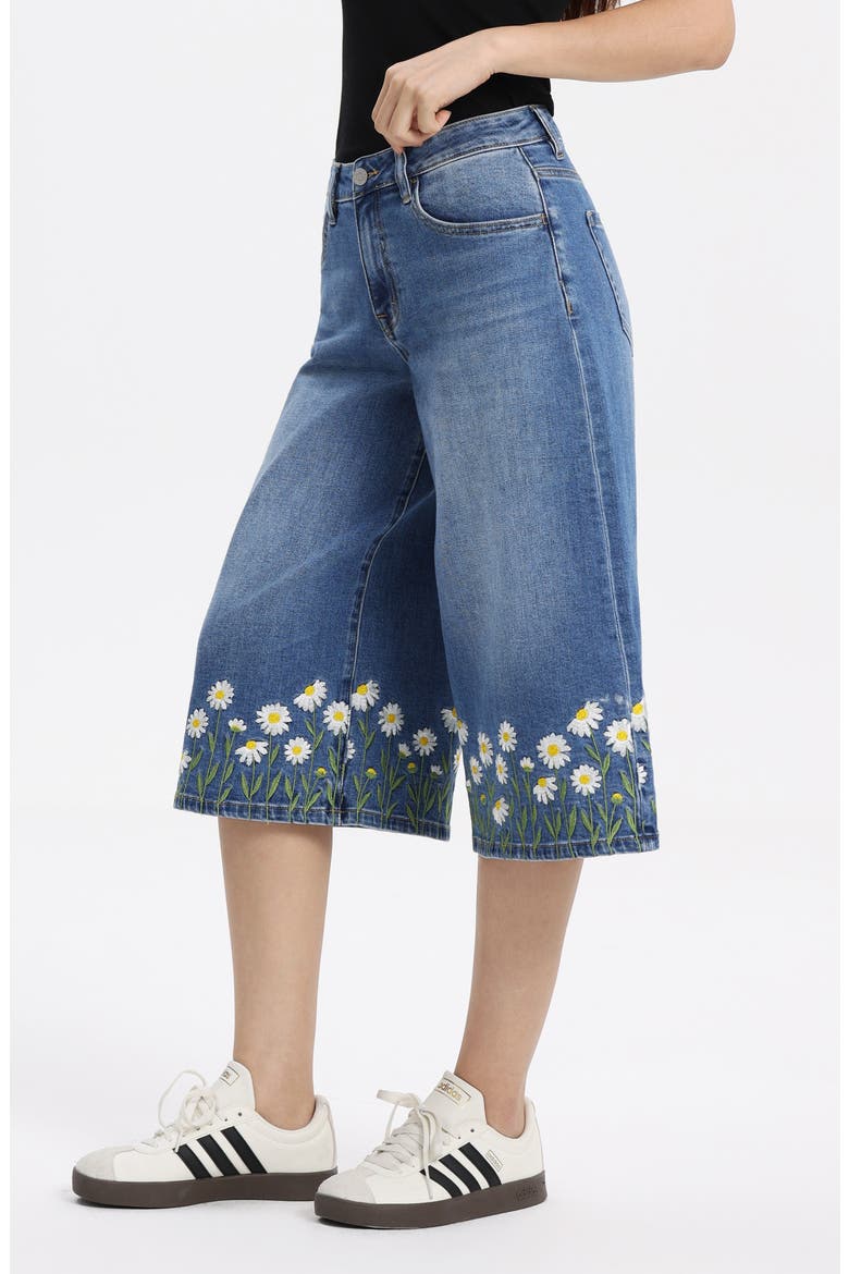 Floral Embroidered High Waist Bermuda Denim Shorts, Alternate, color, PUREMEADOW