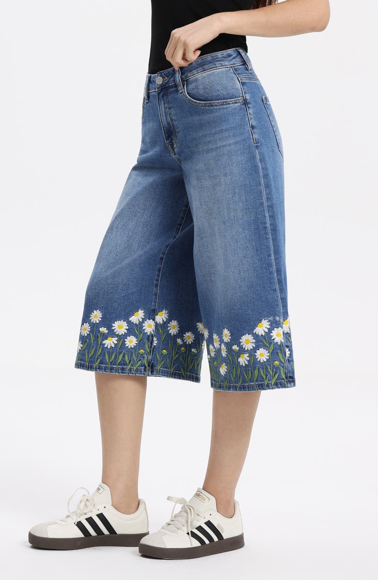 Bayeas Floral Embroidered High Waist Bermuda Denim Shorts, Alternate, color, Puremeadow