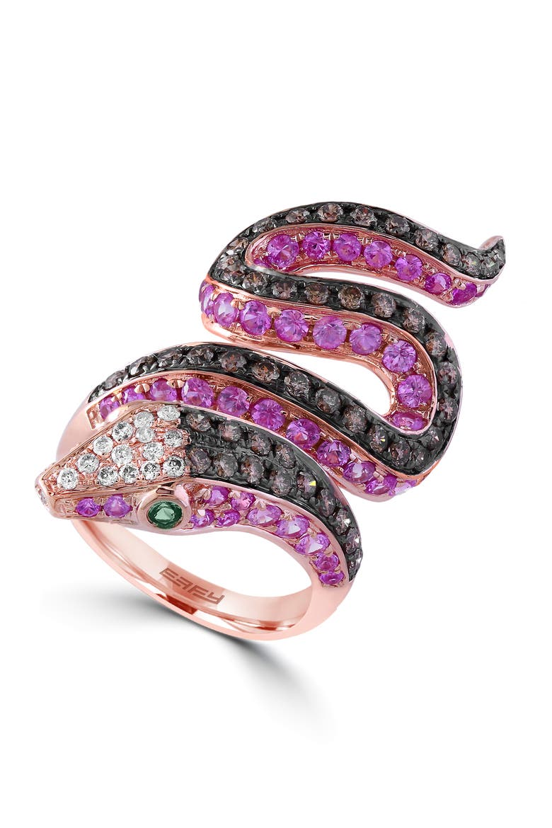 14K Rose Gold Diamond, Pink Sapphire & Tsavorite Serpent Ring, Main, color, 14K Gold