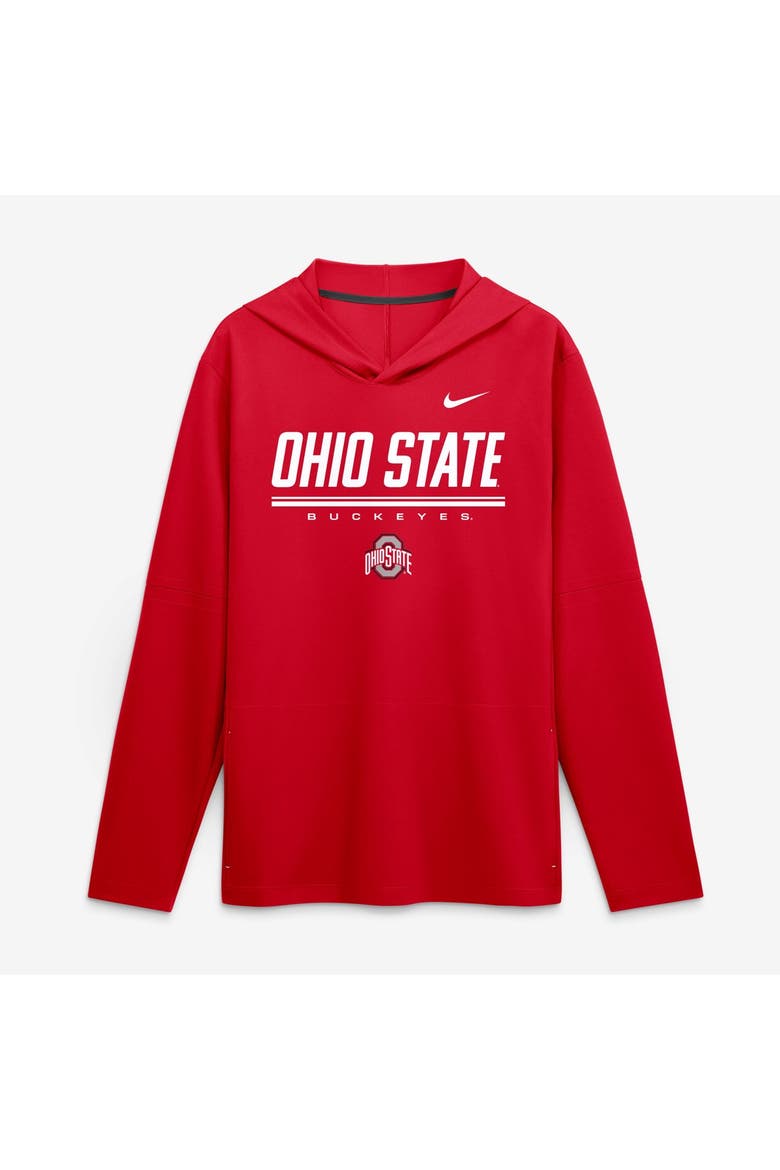 Men's Nike Scarlet Ohio State Buckeyes 2026 Sideline Lightweight Long Sleeve Hooded Dri-FIT Top, Main, color, Scarlet