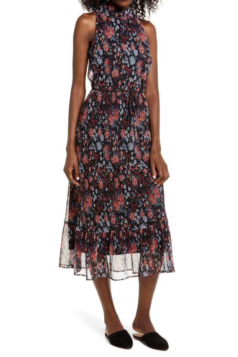 Floral Plissé Midi Dress, Main, color, BLACK MULTI