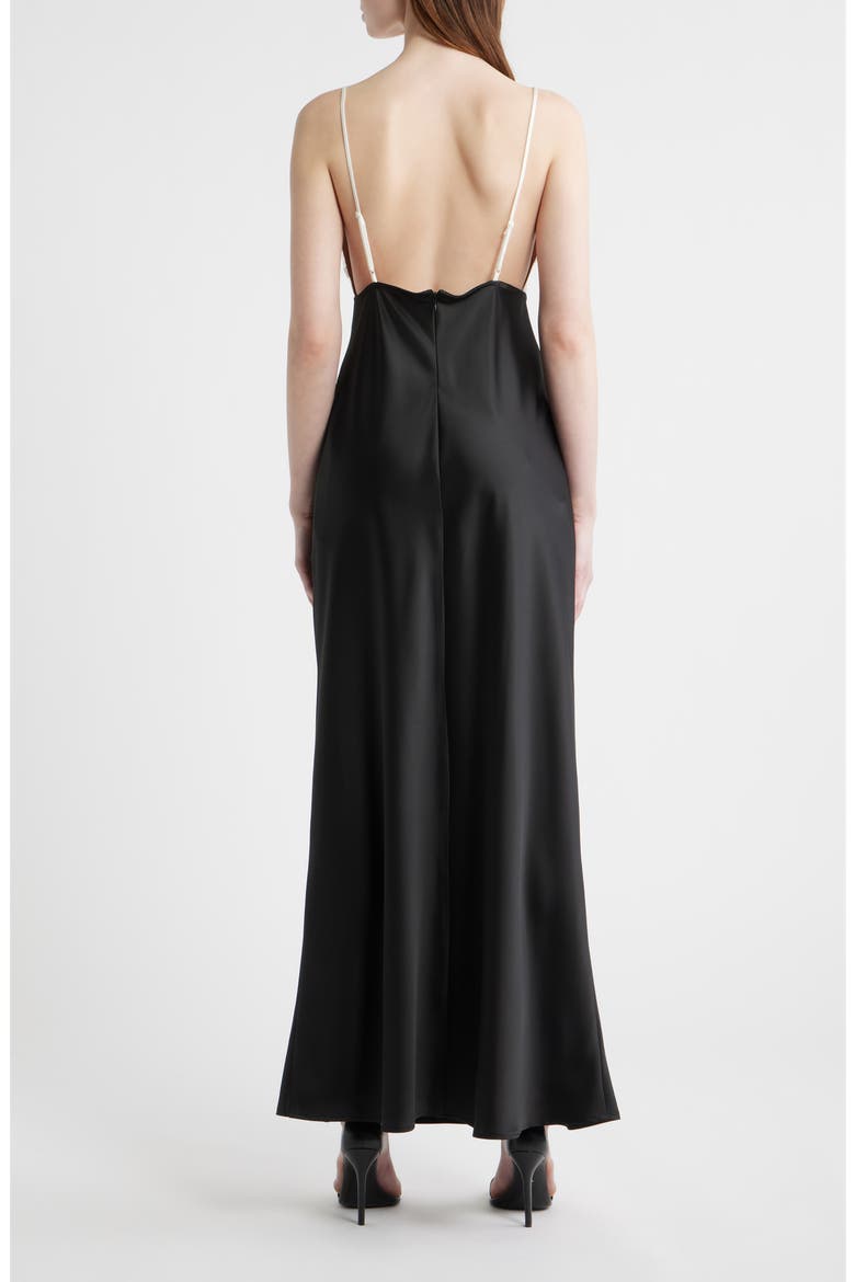 Ottilie Lace Bodice Open Back Satin Gown, Alternate, color, BLACK
