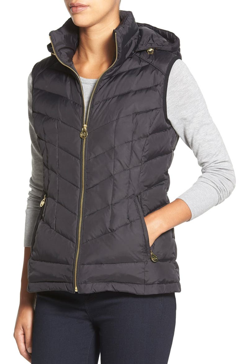 Quilted Down & Feather Fill Vest with Detachable Hood, Alternate, color, BLACK