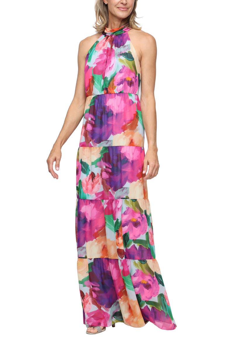 Tiered Floral Halter Maxi Dress, Main, color, MAGENTA MULTI
