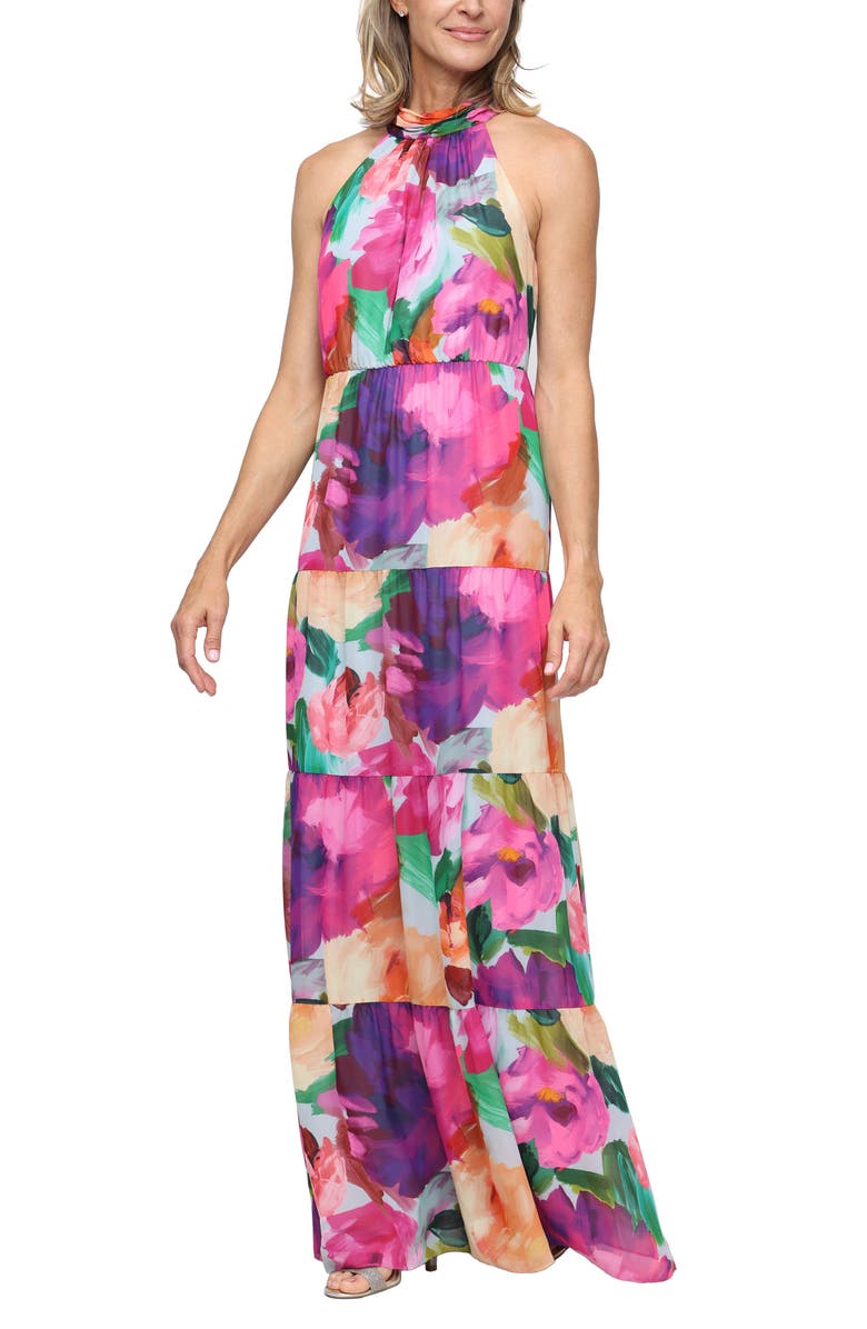 SL FASHIONS Tiered Floral Halter Maxi Dress, Main, color, Magenta Multi