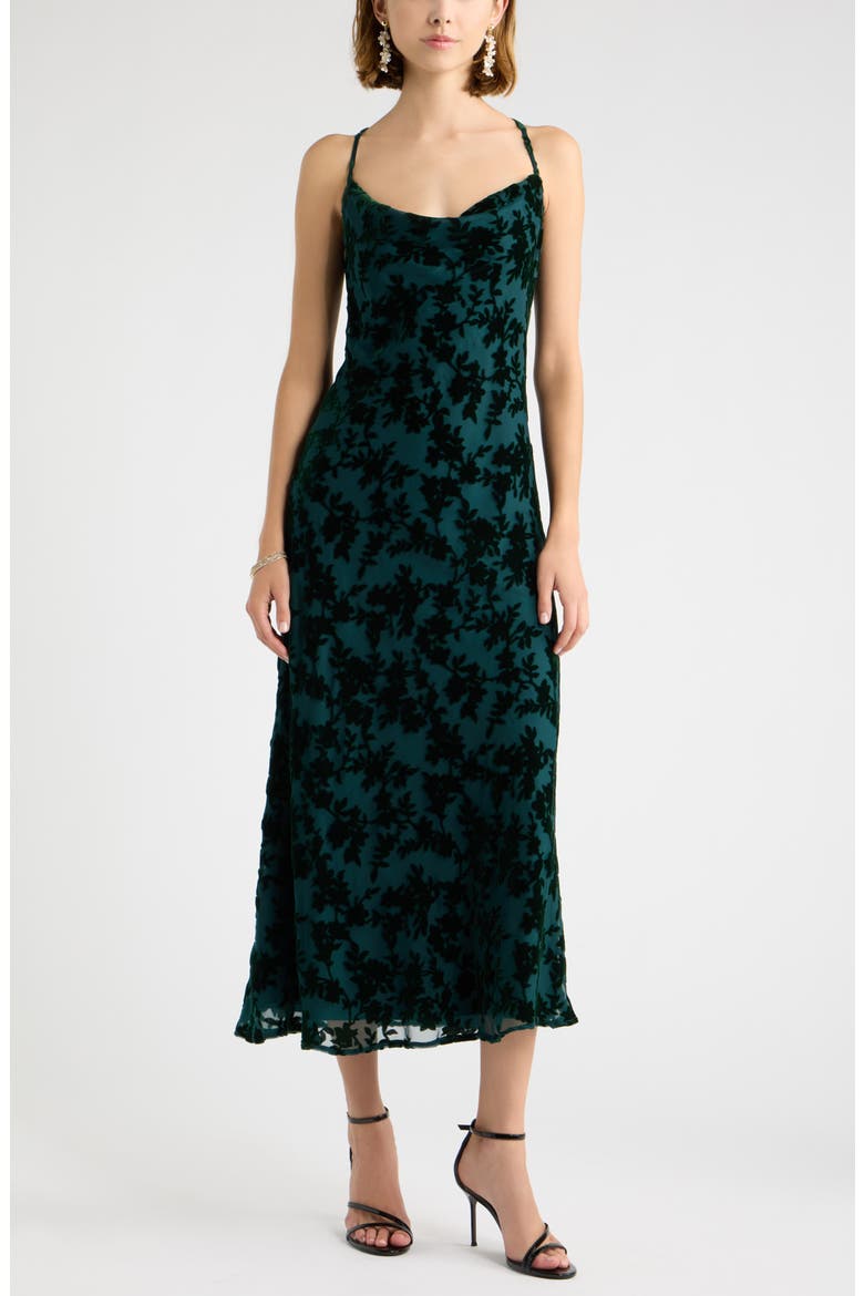 Flocked Velvet Midi Dress, Main, color, GREEN PONDEROSA