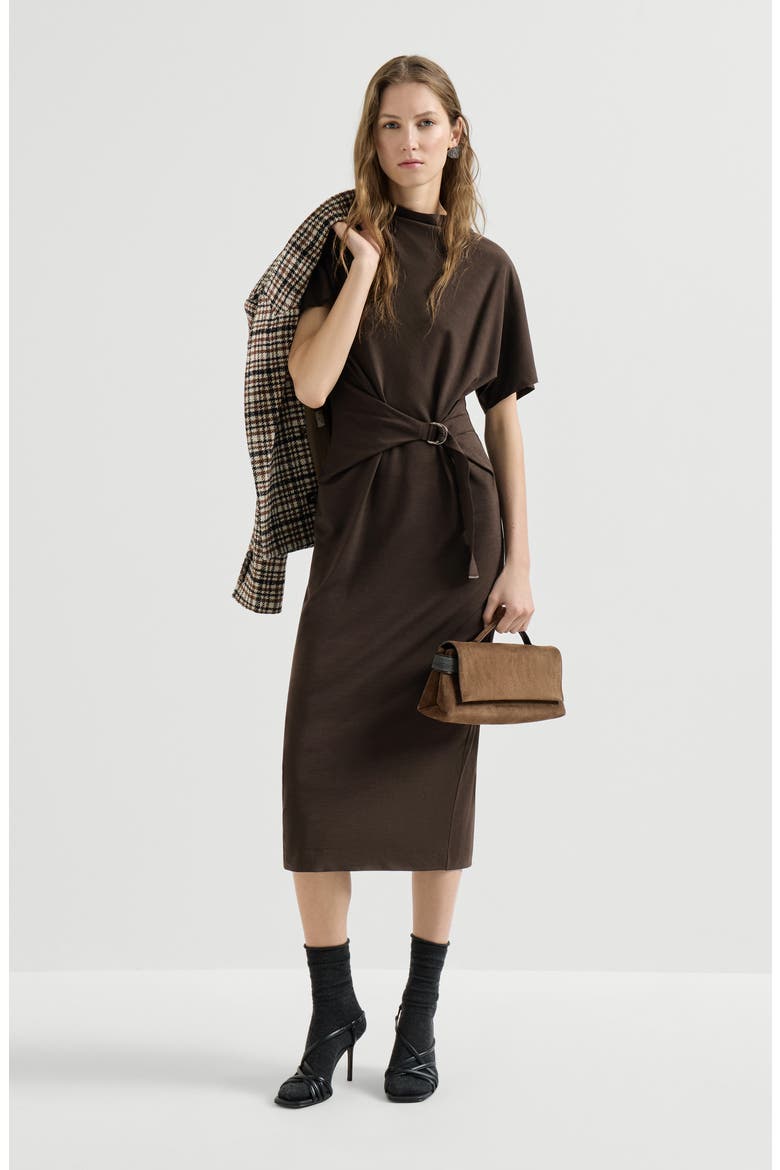 Techno wool jersey wrap belt dress with monili, Alternate, color, Coffee