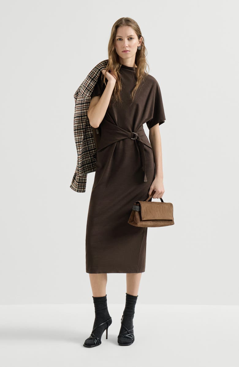 Brunello Cucinelli Techno wool jersey wrap belt dress with monili, Alternate, color,