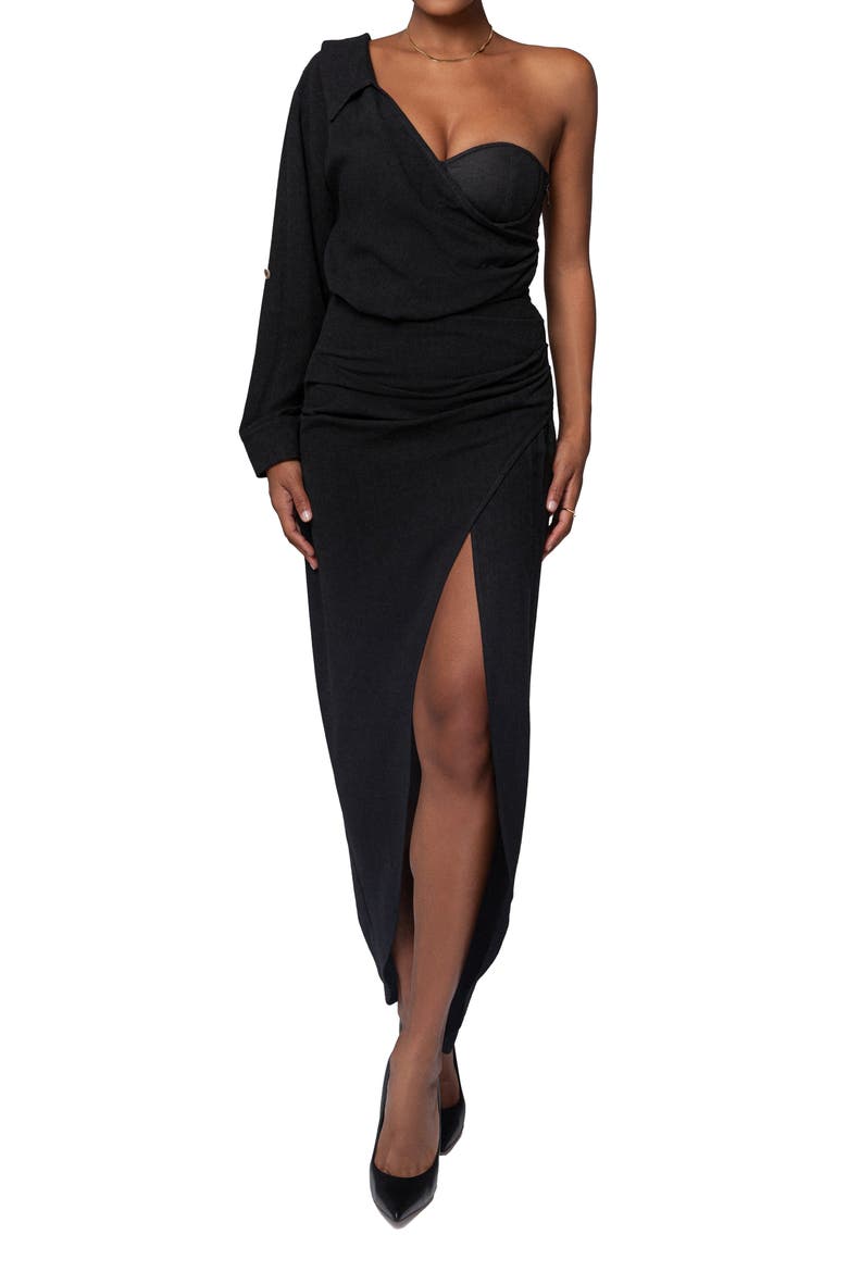 Evita Single Long Sleeve Cotton & Linen Maxi Dress, Main, color, BLACK