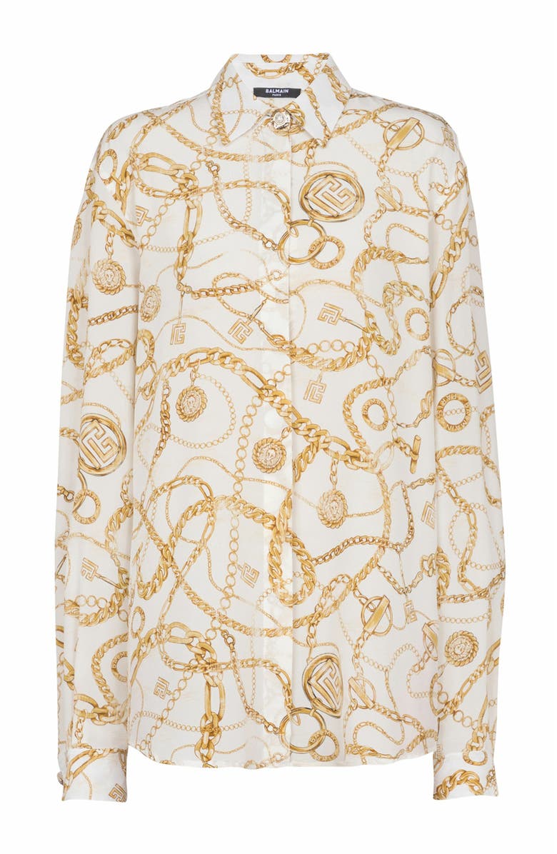Balmain Printed Silk Shirt With Balmain Chains Pattern, Alternate, color, Gold