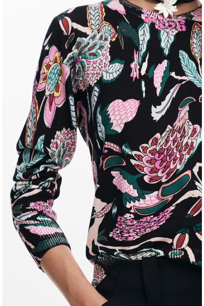 Manchester Floral Print Crewneck Sweater, Alternate, color, BLACK