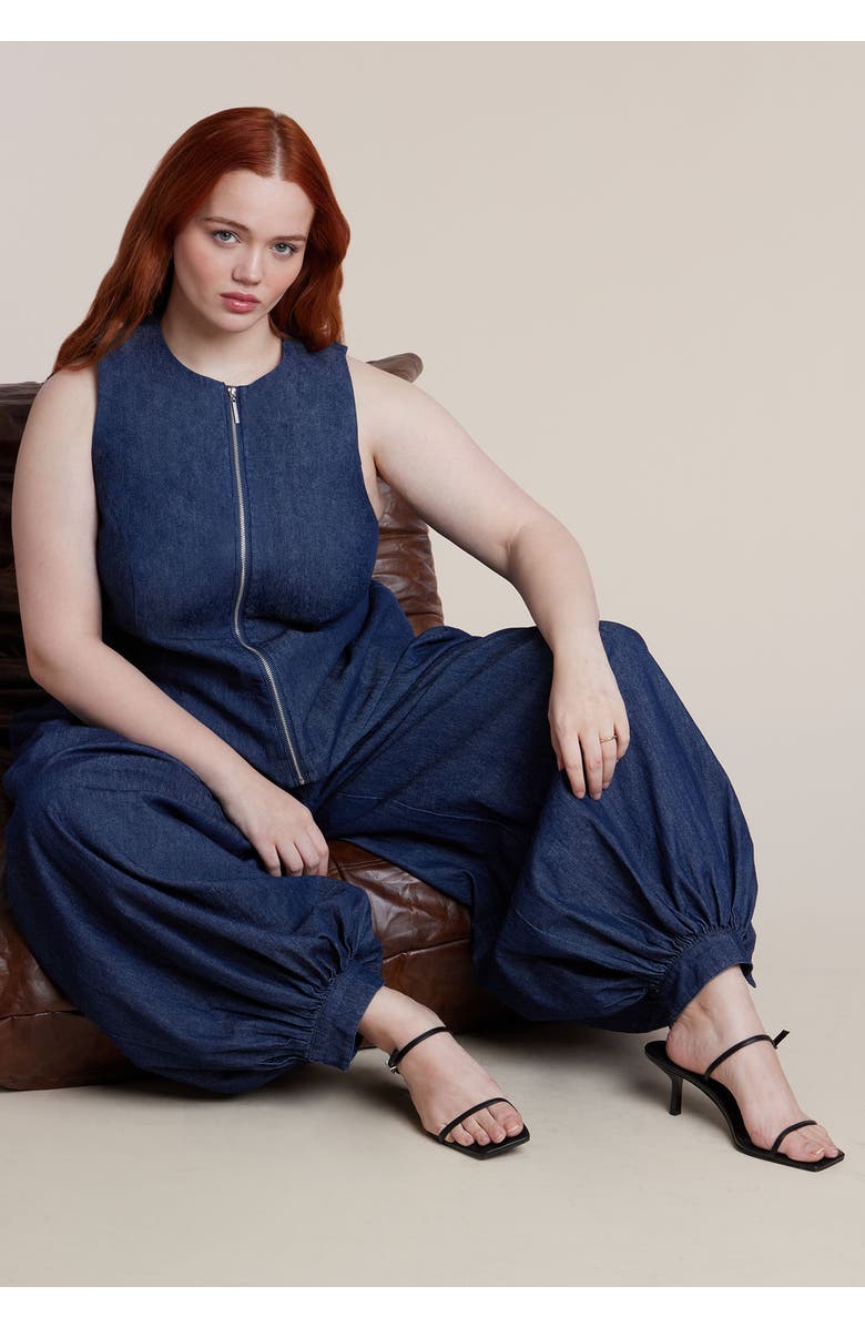 ELOQUII Chambray Zip Up Top, Alternate, color, Dark Wash