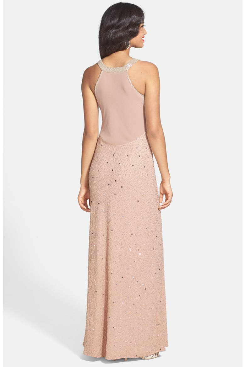 'Caviar' Illusion Back Beaded Gown, Alternate, color, TAUPE/ PINK