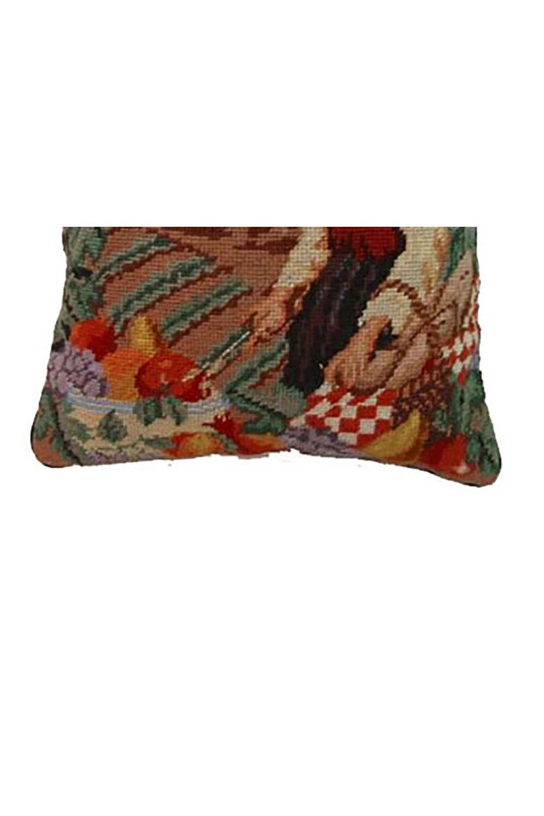 French Harvest Girl Needlepoint Wool Blend Decorative Accent Pillow, Alternate, color, Blue