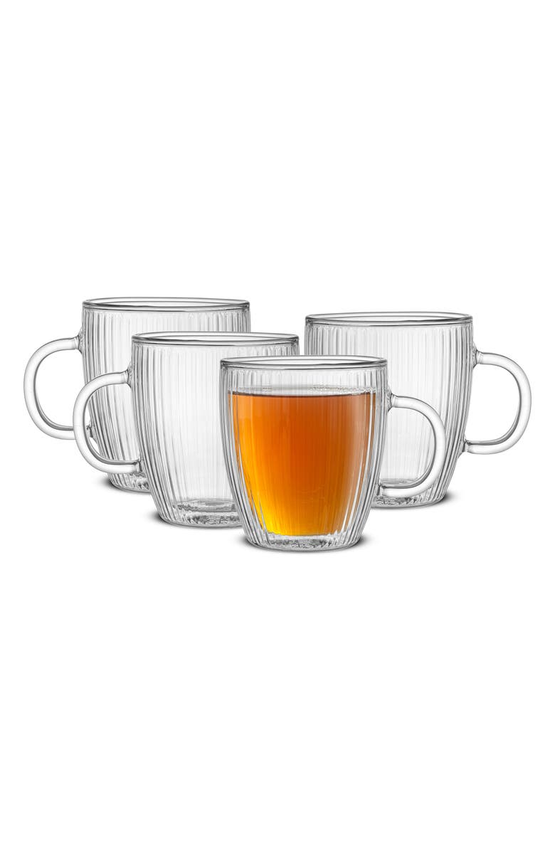 JoyJolt Set of 4 Savor Fluted Double Wall Glass Mug, Main, color, Clear
