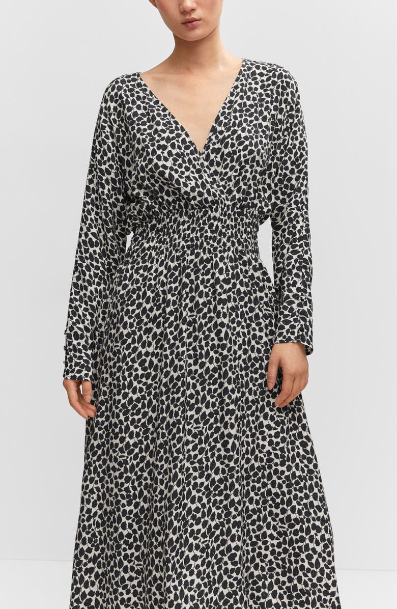 MANGO Smocked Long Sleeve Midi Dress, Alternate, color, Black