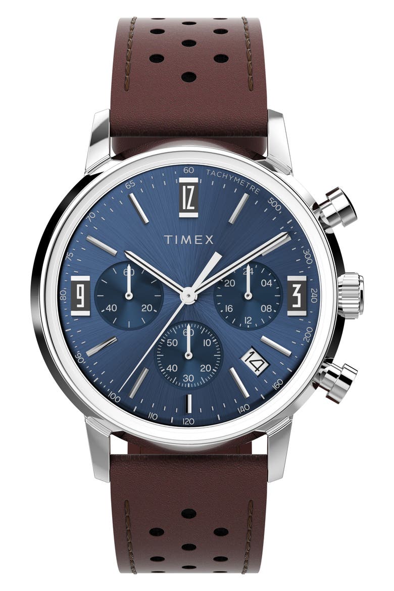 Marlin Chronograph Leather Strap Watch, 40mm, Main, color, STAINLESS STEEL