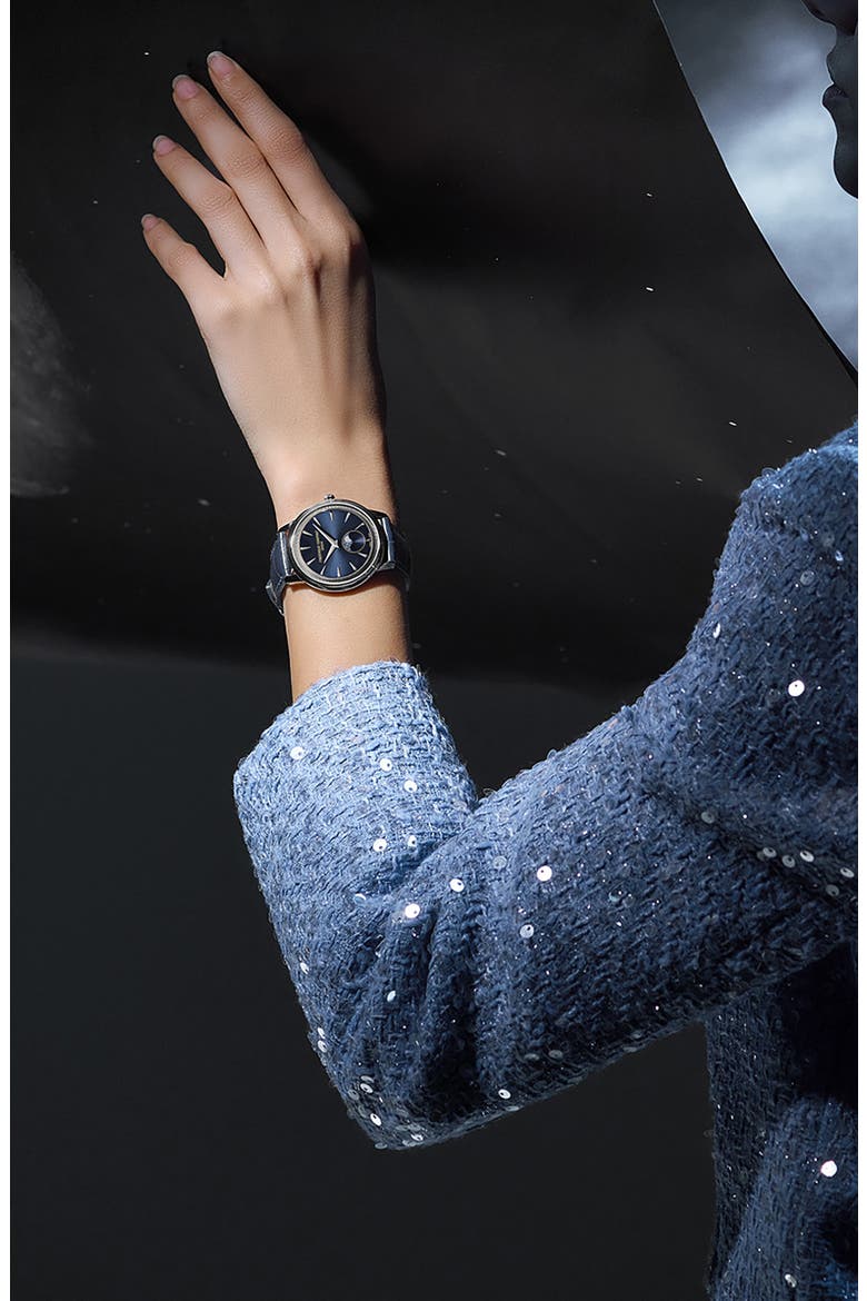 Classics Moneta Moon Phase Navy Leather Strap Watch, 37mm, Alternate, color, SILVER-TONE