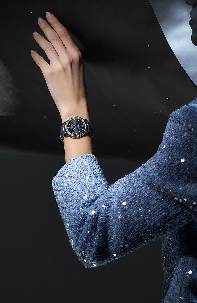 FREDERIQUE CONSTANT Classics Moneta Moon Phase Navy Leather Strap Watch, 37mm, Alternate, color, Silver-Tone