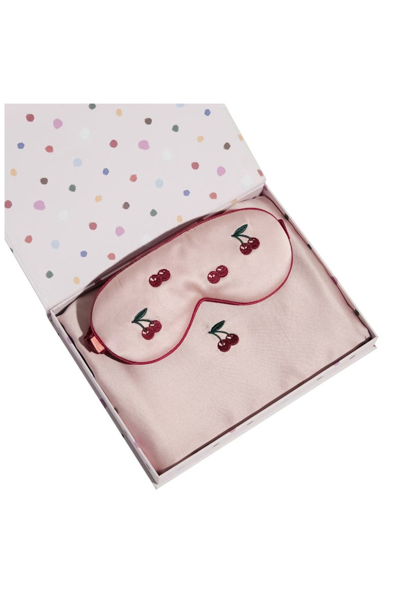 Embroidered Satin Pillowcase & Sleep Mask Set, Alternate, color, PINK CHERRIES