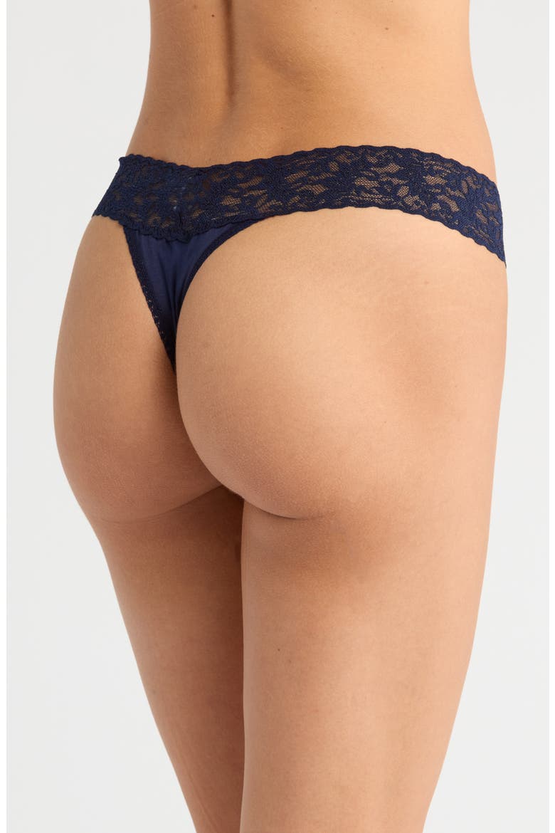 Cotton & Stretch Lace Original Rise Thong, Alternate, color, NAVY
